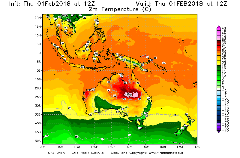 Mappa di analisi GFS - Temperatura a 2 metri dal suolo [°C] in Oceania
									del 01/02/2018 12 <!--googleoff: index-->UTC<!--googleon: index-->