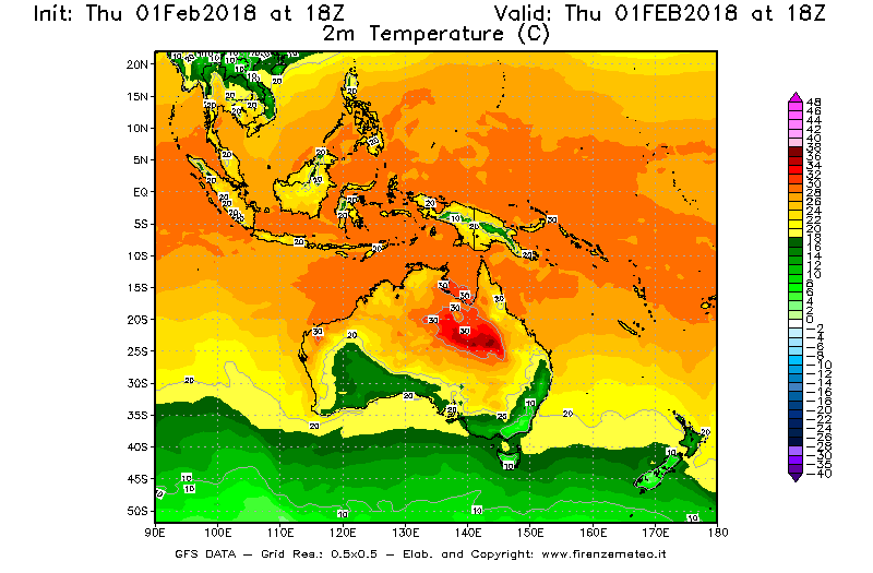 Mappa di analisi GFS - Temperatura a 2 metri dal suolo [°C] in Oceania
									del 01/02/2018 18 <!--googleoff: index-->UTC<!--googleon: index-->