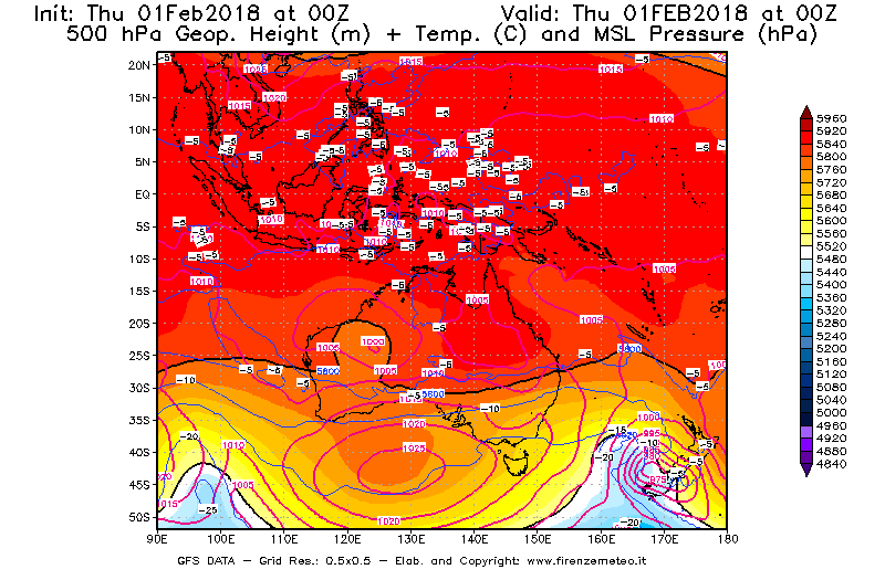 Mappa di analisi GFS - Geopotenziale [m] + Temp. [°C] a 500 hPa + Press. a livello del mare [hPa] in Oceania
							del 01/02/2018 00 <!--googleoff: index-->UTC<!--googleon: index-->