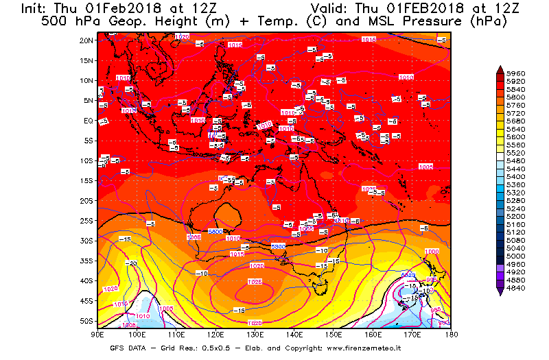 Mappa di analisi GFS - Geopotenziale [m] + Temp. [°C] a 500 hPa + Press. a livello del mare [hPa] in Oceania
									del 01/02/2018 12 <!--googleoff: index-->UTC<!--googleon: index-->