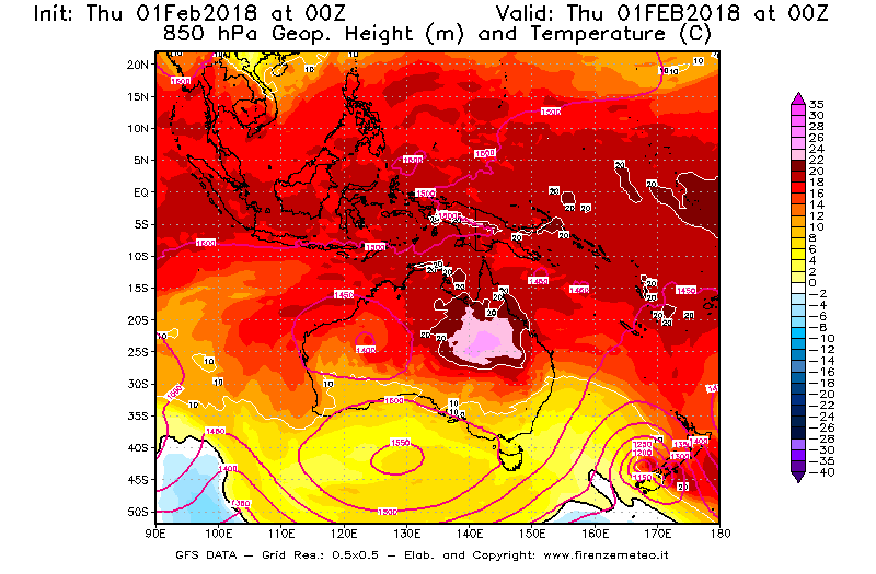 Mappa di analisi GFS - Geopotenziale [m] e Temperatura [°C] a 850 hPa in Oceania
							del 01/02/2018 00 <!--googleoff: index-->UTC<!--googleon: index-->