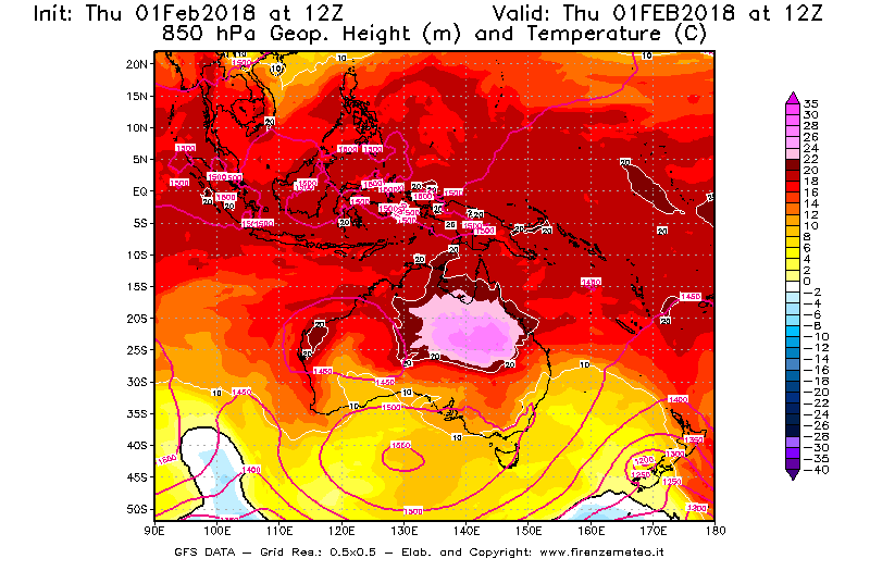Mappa di analisi GFS - Geopotenziale [m] e Temperatura [°C] a 850 hPa in Oceania
							del 01/02/2018 12 <!--googleoff: index-->UTC<!--googleon: index-->