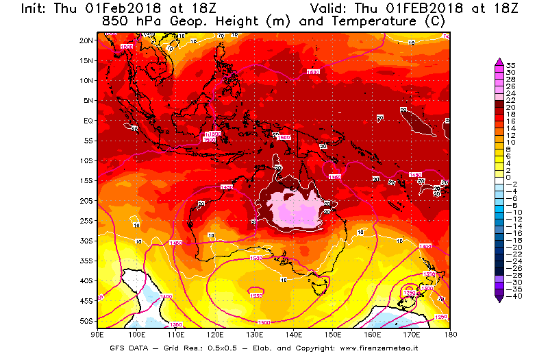 Mappa di analisi GFS - Geopotenziale [m] e Temperatura [°C] a 850 hPa in Oceania
									del 01/02/2018 18 <!--googleoff: index-->UTC<!--googleon: index-->
