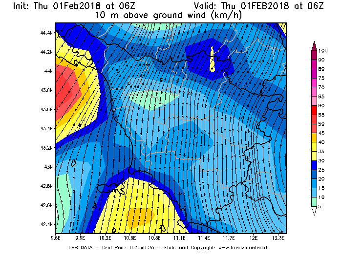 Mappa di analisi GFS - Velocità del vento a 10 metri dal suolo [km/h] in Toscana
									del 01/02/2018 06 <!--googleoff: index-->UTC<!--googleon: index-->