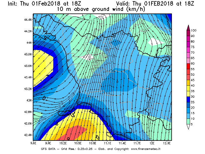 Mappa di analisi GFS - Velocità del vento a 10 metri dal suolo [km/h] in Toscana
									del 01/02/2018 18 <!--googleoff: index-->UTC<!--googleon: index-->