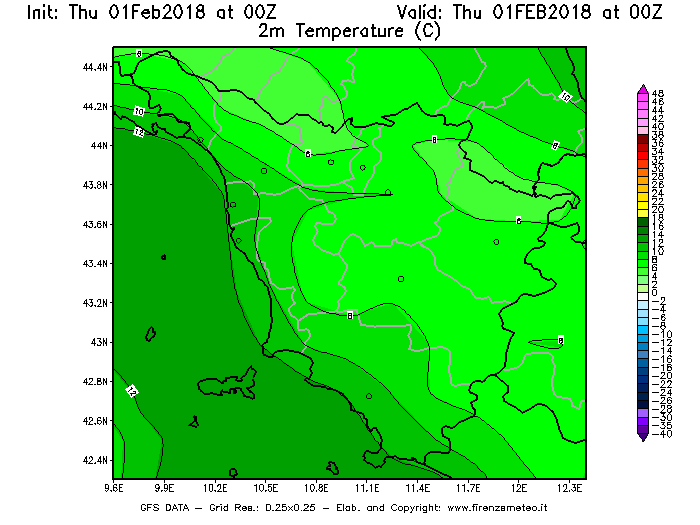 Mappa di analisi GFS - Temperatura a 2 metri dal suolo [°C] in Toscana
									del 01/02/2018 00 <!--googleoff: index-->UTC<!--googleon: index-->