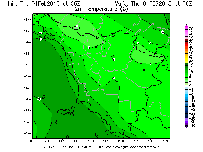 Mappa di analisi GFS - Temperatura a 2 metri dal suolo [°C] in Toscana
							del 01/02/2018 06 <!--googleoff: index-->UTC<!--googleon: index-->