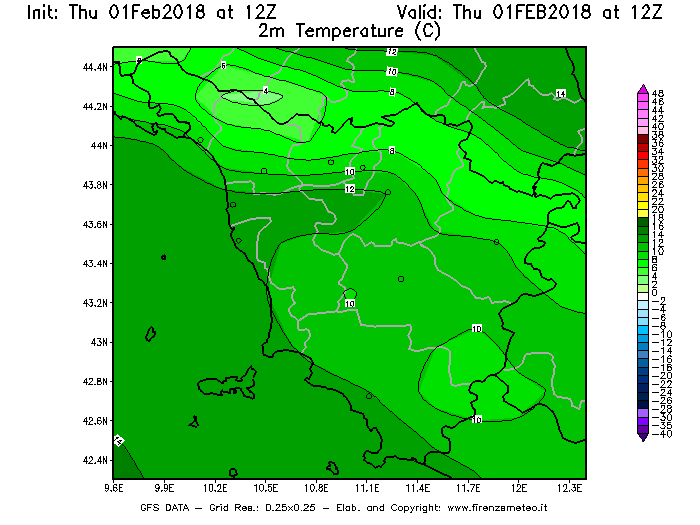Mappa di analisi GFS - Temperatura a 2 metri dal suolo [°C] in Toscana
									del 01/02/2018 12 <!--googleoff: index-->UTC<!--googleon: index-->
