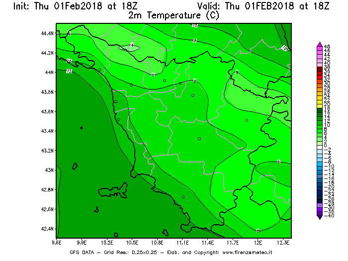 Mappa di analisi GFS - Temperatura a 2 metri dal suolo [°C] in Toscana
									del 01/02/2018 18 <!--googleoff: index-->UTC<!--googleon: index-->