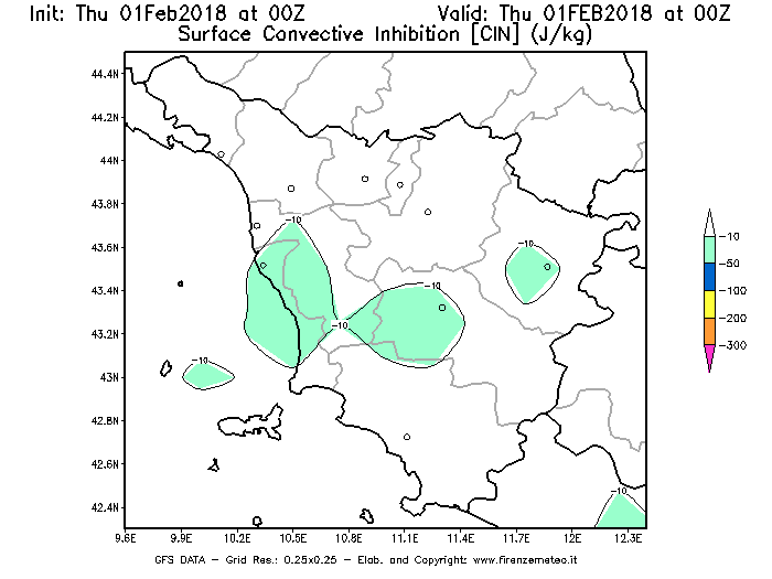 Mappa di analisi GFS - CIN [J/kg] in Toscana
									del 01/02/2018 00 <!--googleoff: index-->UTC<!--googleon: index-->