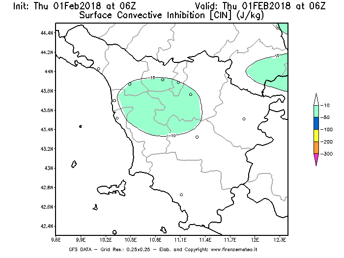 Mappa di analisi GFS - CIN [J/kg] in Toscana
									del 01/02/2018 06 <!--googleoff: index-->UTC<!--googleon: index-->