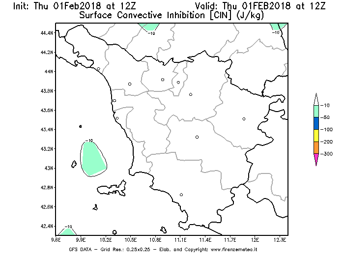 Mappa di analisi GFS - CIN [J/kg] in Toscana
									del 01/02/2018 12 <!--googleoff: index-->UTC<!--googleon: index-->