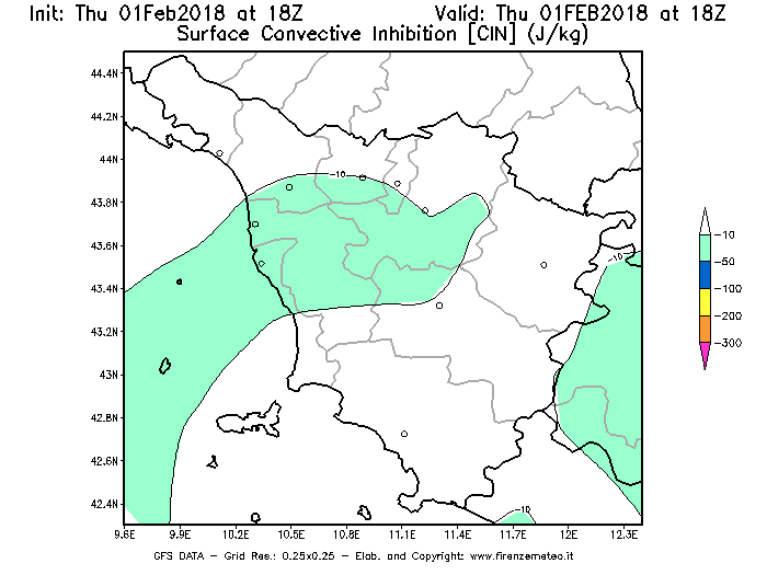 Mappa di analisi GFS - CIN [J/kg] in Toscana
							del 01/02/2018 18 <!--googleoff: index-->UTC<!--googleon: index-->