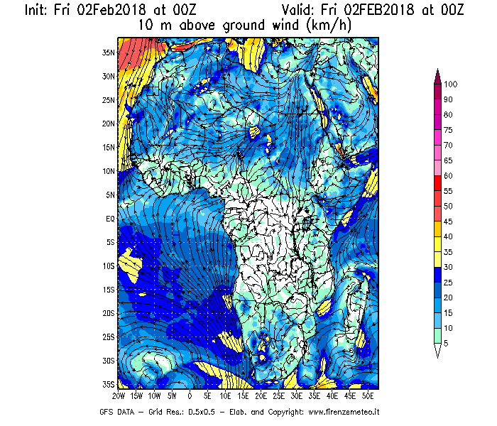 Mappa di analisi GFS - Velocità del vento a 10 metri dal suolo [km/h] in Africa
									del 02/02/2018 00 <!--googleoff: index-->UTC<!--googleon: index-->