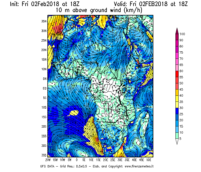 Mappa di analisi GFS - Velocità del vento a 10 metri dal suolo [km/h] in Africa
							del 02/02/2018 18 <!--googleoff: index-->UTC<!--googleon: index-->