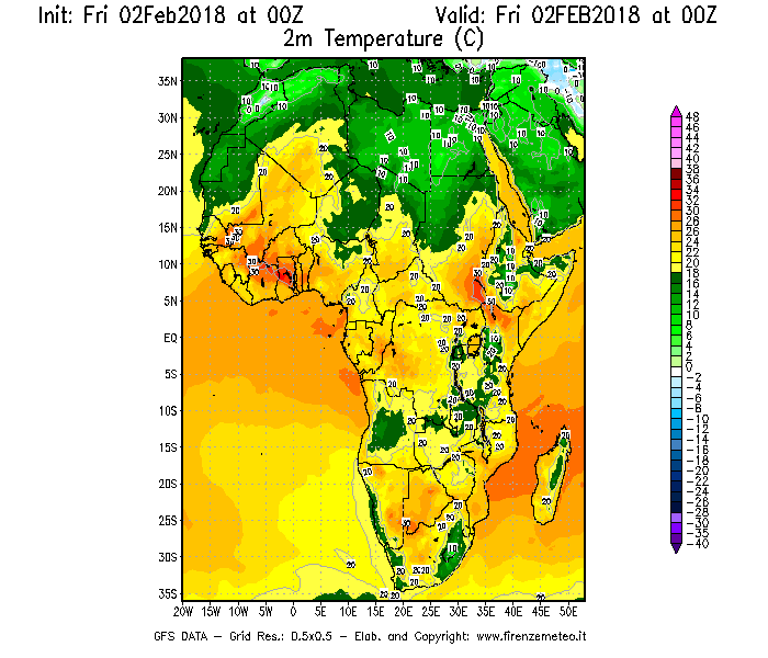 Mappa di analisi GFS - Temperatura a 2 metri dal suolo [°C] in Africa
									del 02/02/2018 00 <!--googleoff: index-->UTC<!--googleon: index-->
