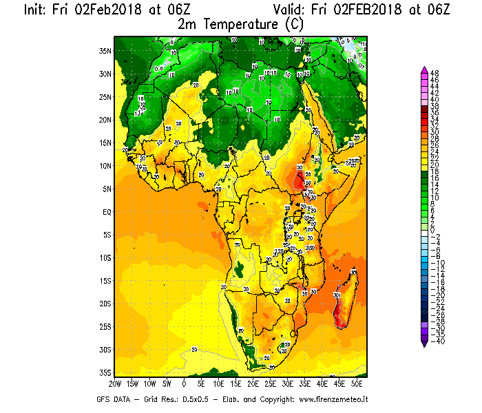 Mappa di analisi GFS - Temperatura a 2 metri dal suolo [°C] in Africa
									del 02/02/2018 06 <!--googleoff: index-->UTC<!--googleon: index-->