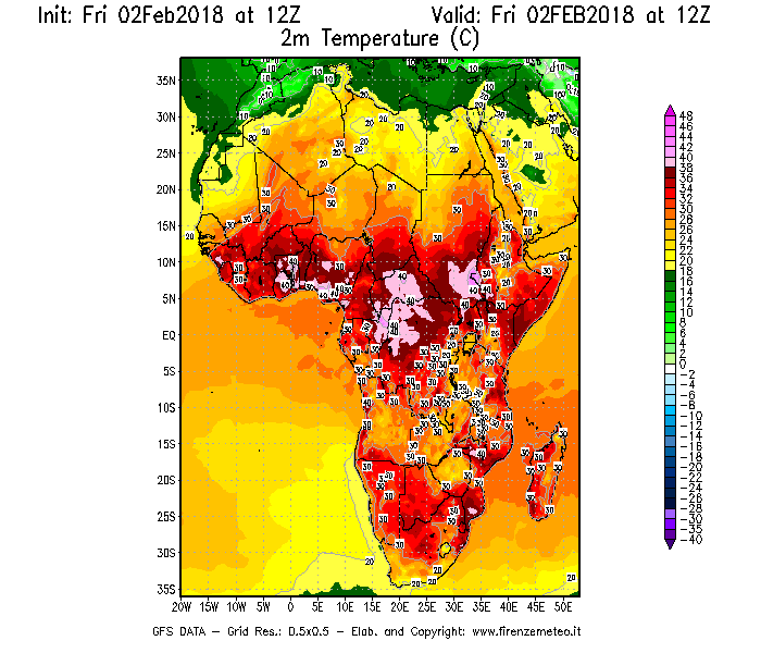 Mappa di analisi GFS - Temperatura a 2 metri dal suolo [°C] in Africa
									del 02/02/2018 12 <!--googleoff: index-->UTC<!--googleon: index-->