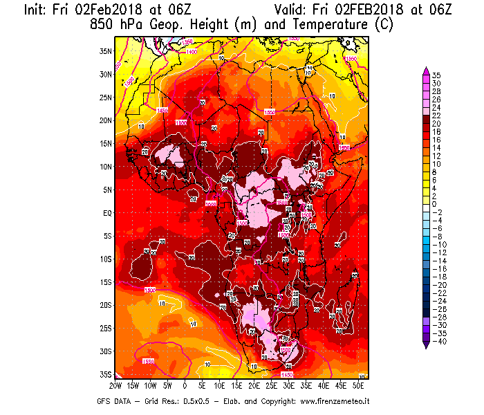 Mappa di analisi GFS - Geopotenziale [m] e Temperatura [°C] a 850 hPa in Africa
									del 02/02/2018 06 <!--googleoff: index-->UTC<!--googleon: index-->