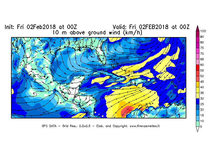 Mappa di analisi GFS - Velocità del vento a 10 metri dal suolo [km/h] in Centro-America
							del 02/02/2018 00 <!--googleoff: index-->UTC<!--googleon: index-->