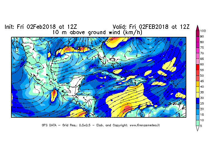 Mappa di analisi GFS - Velocità del vento a 10 metri dal suolo [km/h] in Centro-America
									del 02/02/2018 12 <!--googleoff: index-->UTC<!--googleon: index-->