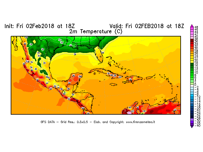 Mappa di analisi GFS - Temperatura a 2 metri dal suolo [°C] in Centro-America
							del 02/02/2018 18 <!--googleoff: index-->UTC<!--googleon: index-->