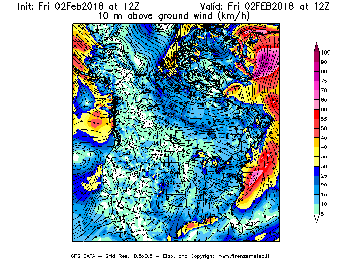 Mappa di analisi GFS - Velocità del vento a 10 metri dal suolo [km/h] in Nord-America
							del 02/02/2018 12 <!--googleoff: index-->UTC<!--googleon: index-->