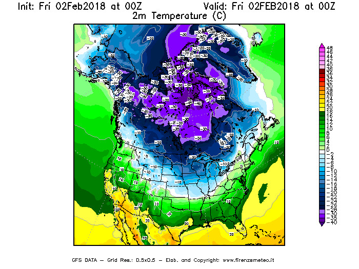 Mappa di analisi GFS - Temperatura a 2 metri dal suolo [°C] in Nord-America
									del 02/02/2018 00 <!--googleoff: index-->UTC<!--googleon: index-->
