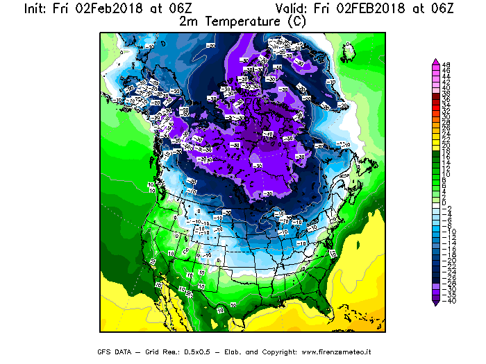 Mappa di analisi GFS - Temperatura a 2 metri dal suolo [°C] in Nord-America
							del 02/02/2018 06 <!--googleoff: index-->UTC<!--googleon: index-->