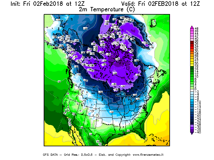 Mappa di analisi GFS - Temperatura a 2 metri dal suolo [°C] in Nord-America
							del 02/02/2018 12 <!--googleoff: index-->UTC<!--googleon: index-->