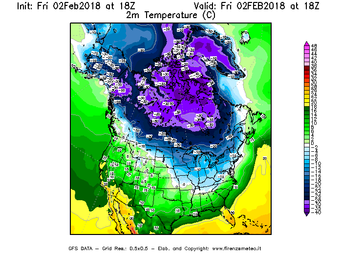 Mappa di analisi GFS - Temperatura a 2 metri dal suolo [°C] in Nord-America
									del 02/02/2018 18 <!--googleoff: index-->UTC<!--googleon: index-->