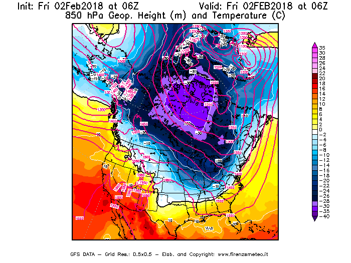 Mappa di analisi GFS - Geopotenziale [m] e Temperatura [°C] a 850 hPa in Nord-America
							del 02/02/2018 06 <!--googleoff: index-->UTC<!--googleon: index-->
