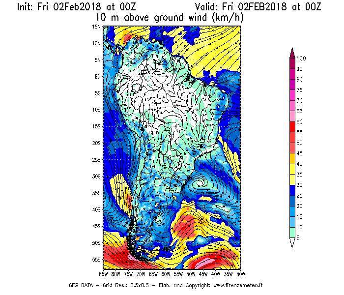 Mappa di analisi GFS - Velocità del vento a 10 metri dal suolo [km/h] in Sud-America
							del 02/02/2018 00 <!--googleoff: index-->UTC<!--googleon: index-->