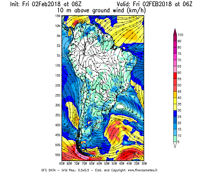 Mappa di analisi GFS - Velocità del vento a 10 metri dal suolo [km/h] in Sud-America
									del 02/02/2018 06 <!--googleoff: index-->UTC<!--googleon: index-->