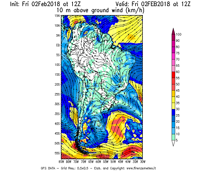 Mappa di analisi GFS - Velocità del vento a 10 metri dal suolo [km/h] in Sud-America
									del 02/02/2018 12 <!--googleoff: index-->UTC<!--googleon: index-->