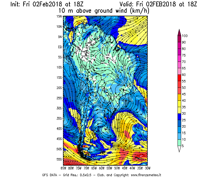 Mappa di analisi GFS - Velocità del vento a 10 metri dal suolo [km/h] in Sud-America
									del 02/02/2018 18 <!--googleoff: index-->UTC<!--googleon: index-->