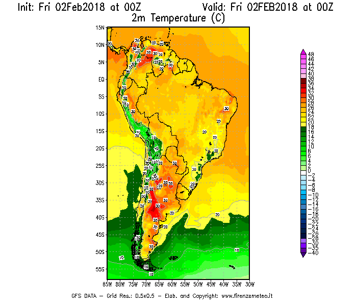 Mappa di analisi GFS - Temperatura a 2 metri dal suolo [°C] in Sud-America
									del 02/02/2018 00 <!--googleoff: index-->UTC<!--googleon: index-->