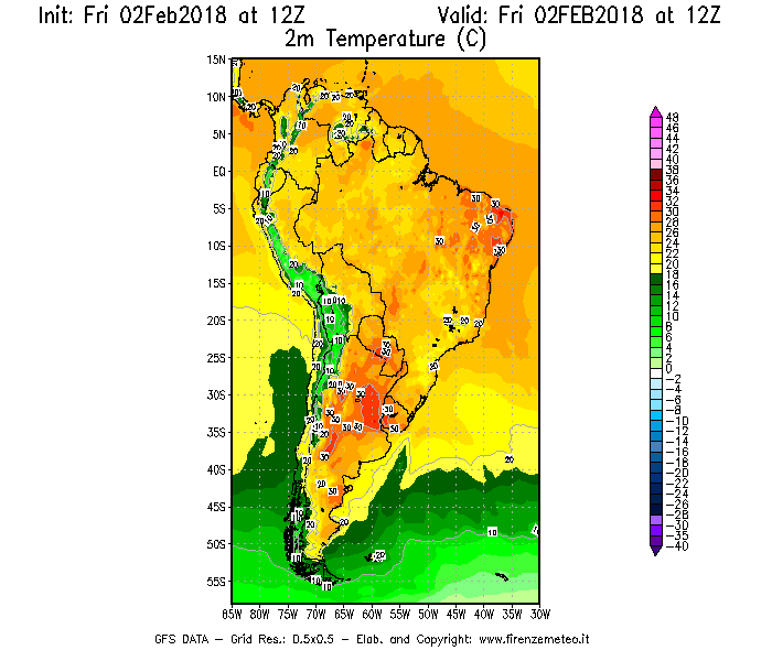 Mappa di analisi GFS - Temperatura a 2 metri dal suolo [°C] in Sud-America
							del 02/02/2018 12 <!--googleoff: index-->UTC<!--googleon: index-->