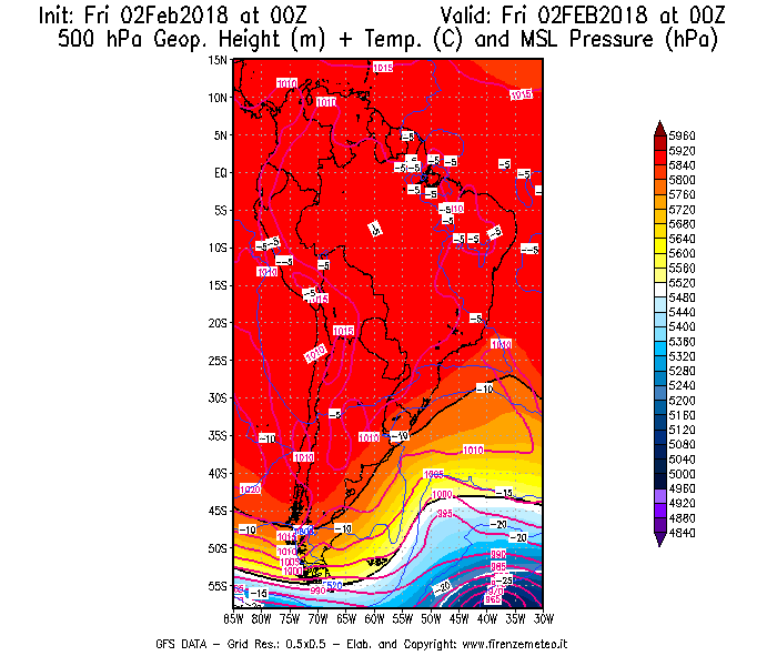 Mappa di analisi GFS - Geopotenziale [m] + Temp. [°C] a 500 hPa + Press. a livello del mare [hPa] in Sud-America
									del 02/02/2018 00 <!--googleoff: index-->UTC<!--googleon: index-->