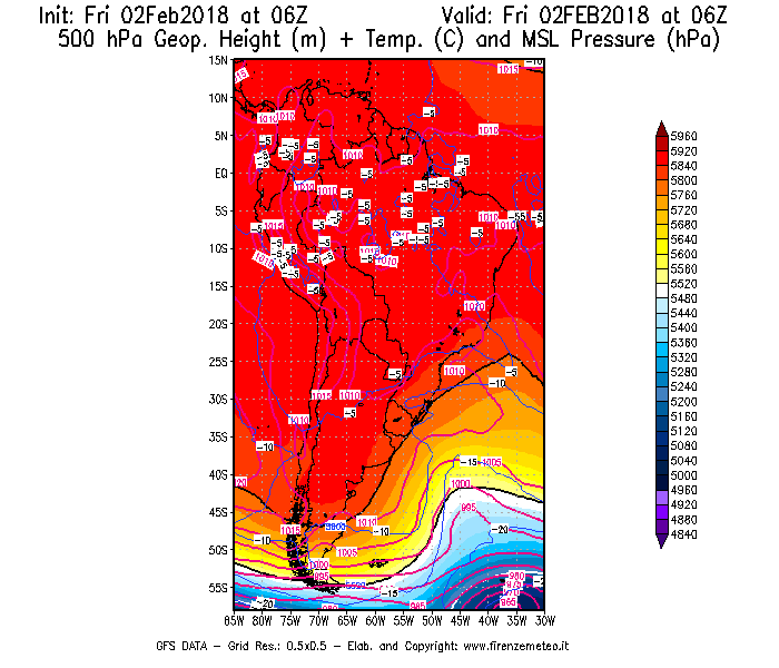 Mappa di analisi GFS - Geopotenziale [m] + Temp. [°C] a 500 hPa + Press. a livello del mare [hPa] in Sud-America
									del 02/02/2018 06 <!--googleoff: index-->UTC<!--googleon: index-->