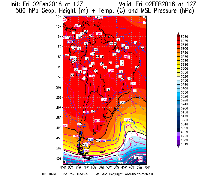Mappa di analisi GFS - Geopotenziale [m] + Temp. [°C] a 500 hPa + Press. a livello del mare [hPa] in Sud-America
									del 02/02/2018 12 <!--googleoff: index-->UTC<!--googleon: index-->
