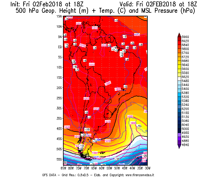 Mappa di analisi GFS - Geopotenziale [m] + Temp. [°C] a 500 hPa + Press. a livello del mare [hPa] in Sud-America
							del 02/02/2018 18 <!--googleoff: index-->UTC<!--googleon: index-->