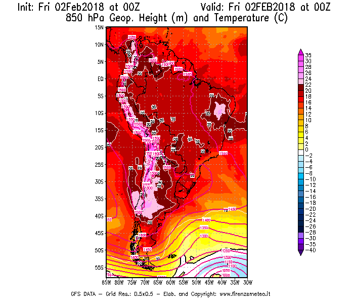 Mappa di analisi GFS - Geopotenziale [m] e Temperatura [°C] a 850 hPa in Sud-America
									del 02/02/2018 00 <!--googleoff: index-->UTC<!--googleon: index-->
