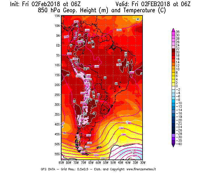 Mappa di analisi GFS - Geopotenziale [m] e Temperatura [°C] a 850 hPa in Sud-America
									del 02/02/2018 06 <!--googleoff: index-->UTC<!--googleon: index-->