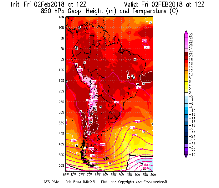 Mappa di analisi GFS - Geopotenziale [m] e Temperatura [°C] a 850 hPa in Sud-America
									del 02/02/2018 12 <!--googleoff: index-->UTC<!--googleon: index-->