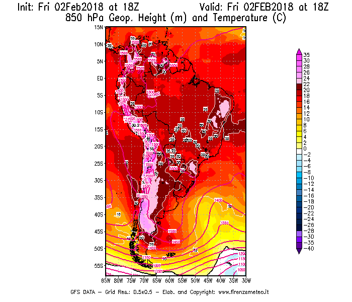 Mappa di analisi GFS - Geopotenziale [m] e Temperatura [°C] a 850 hPa in Sud-America
							del 02/02/2018 18 <!--googleoff: index-->UTC<!--googleon: index-->