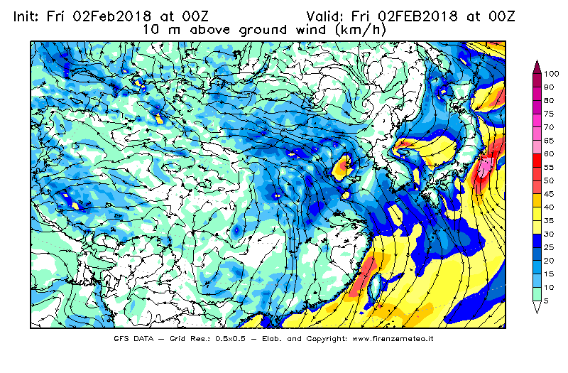 Mappa di analisi GFS - Velocità del vento a 10 metri dal suolo [km/h] in Asia Orientale
							del 02/02/2018 00 <!--googleoff: index-->UTC<!--googleon: index-->