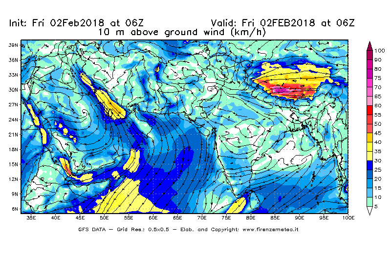 Mappa di analisi GFS - Velocità del vento a 10 metri dal suolo [km/h] in Asia Sud-Occidentale
							del 02/02/2018 06 <!--googleoff: index-->UTC<!--googleon: index-->