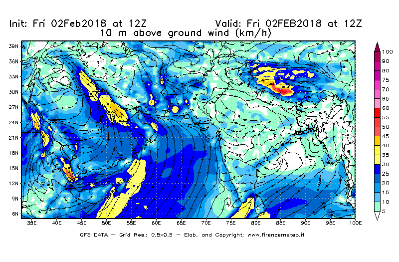 Mappa di analisi GFS - Velocità del vento a 10 metri dal suolo [km/h] in Asia Sud-Occidentale
							del 02/02/2018 12 <!--googleoff: index-->UTC<!--googleon: index-->