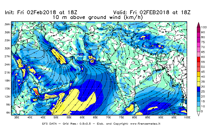 Mappa di analisi GFS - Velocità del vento a 10 metri dal suolo [km/h] in Asia Sud-Occidentale
									del 02/02/2018 18 <!--googleoff: index-->UTC<!--googleon: index-->